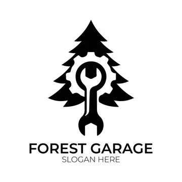 Forest Garage Logo Design with Pine Tree and Wrench Symbol Stock Illustration