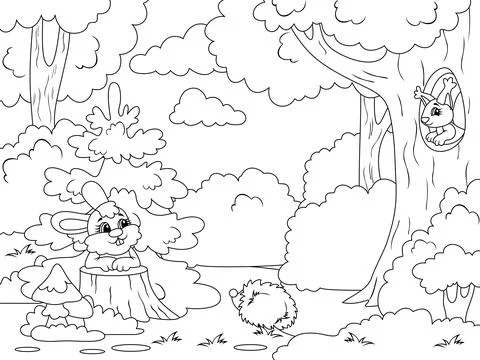 Forest glade with animals. Vector illustration, children coloring book. Stock Illustration