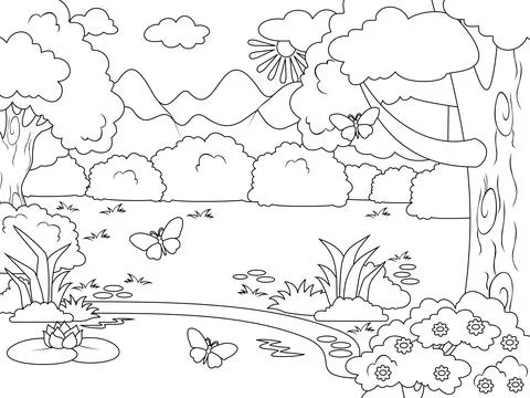 Forest glade with a river bank. Vector coloring book. Stock Illustration