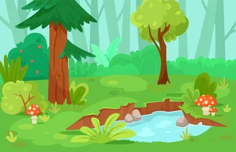 Forest Green Scene with Tree, Grass and Pond Vector Illustration Stock Illustration