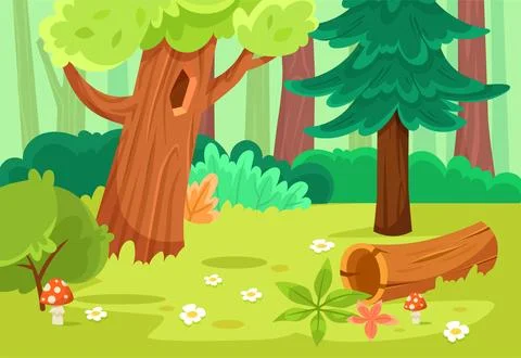 Forest Green Scene with Tree, Grass and Log Vector Illustration Stock Illustration