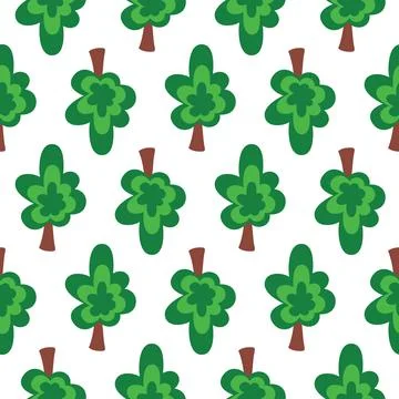 Forest green trees on a white background. Seamless pattern simple childish cu Stock Illustration