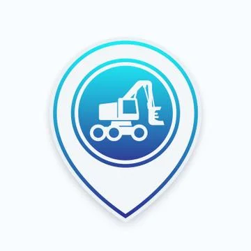 Forest harvester icon on map pointer, wheeled feller buncher Illustrazione stock