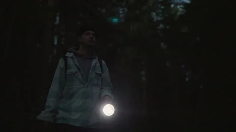Forest hiker scanning sky with flashlight, stargazer moment under canopy, beam Stock Footage 329478586