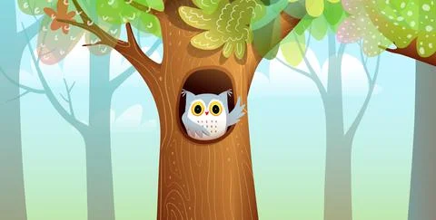 Forest with Hollow Trunk and Owl Kids Cartoon Stock Illustration