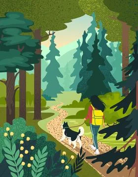 Forest illustration. Path in woods. trees. Woman walking with dog. Woodland Stock Illustration