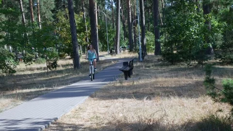 The forest intersects with the park zone, the girl rides into it on a bicycle. Vídeos de archivo 250564377