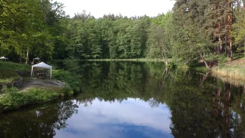 Forest lake in summer surrounded by coniferous trees, a place to relax. View Stock Footage 138511064