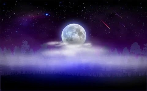 Forest land scape with full moon hidden by clouds. Magical starry night. Vector Illustrazione stock