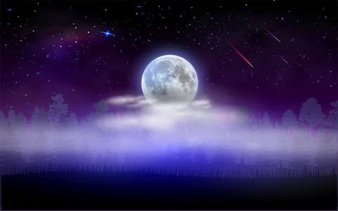 Forest land scape with full moon hidden by clouds. Magical starry night 스톡 일러스트