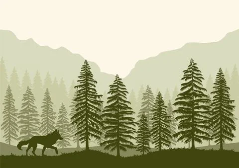 Forest landscape and wolf vector Stock Illustration