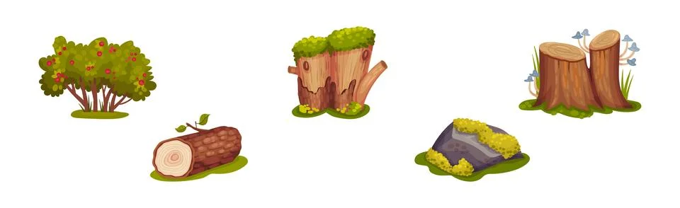 Forest Landscape Elements with Bush, Log, Stone and Tree Stump Vector Set 스톡 일러스트