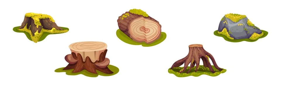 Forest Landscape Elements with Log, Stone and Tree Stump Vector Set 스톡 일러스트