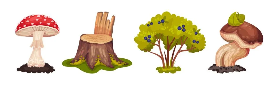Forest Landscape Elements with Mushroom, Tree Stump and Bush Vector Set 스톡 일러스트