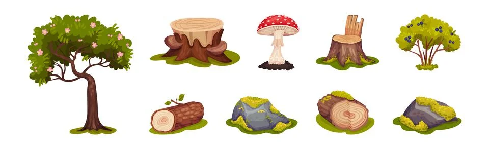 Forest Landscape Elements with Tree, Stump and Mushroom Vector Set Illustrazione stock
