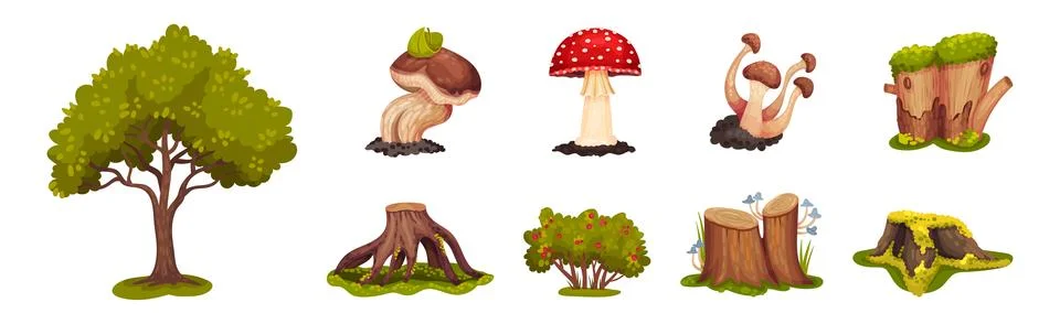 Forest Landscape Elements with Tree, Stump and Mushroom Vector Set 스톡 일러스트