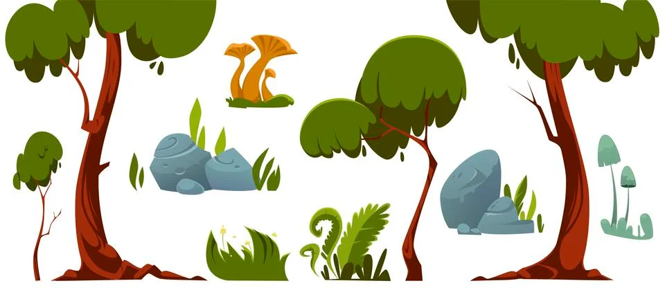 Forest landscape elements, trees, grass, stones Stock Illustration