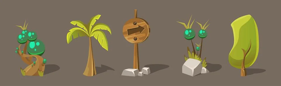 Forest Landscape Elements for Video Game Flat Vector Set Stock Illustration