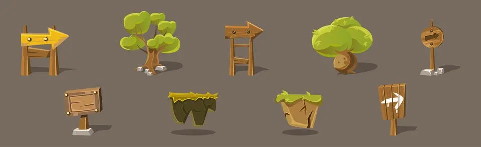 Forest Landscape Elements for Video Game Flat Vector Set Stock Illustration
