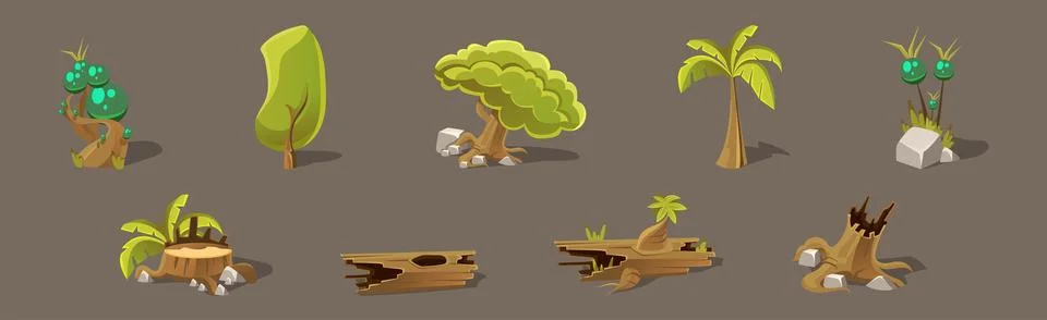 Forest Landscape Elements for Video Game Flat Vector Set Stock Illustration