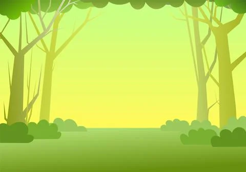 Forest landscape. Frame. Dense wild trees with tall, branched trunks. Summer Stock Illustration