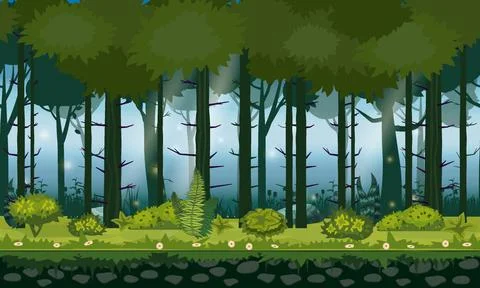 Forest landscape horizontal seamless background for games apps, design. Nature Stock Illustration