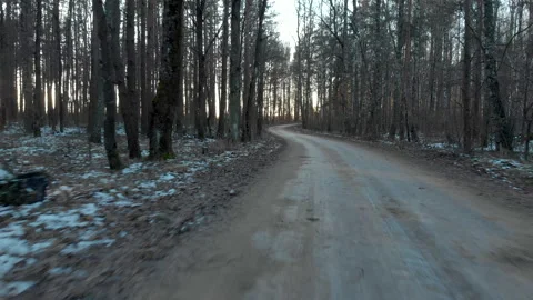 Forest landscape with light snow covered road and bare trees Stock Footage 131832180