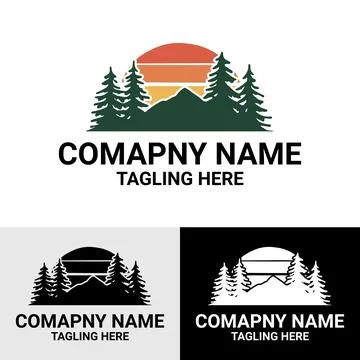 Forest Landscape Logo Design Template with Vintage Sun, Pine Tree and Mountain. Stock Illustration