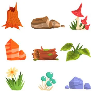 Forest Landscape Natural Elements, Plants And Mushrooms Stock Illustration
