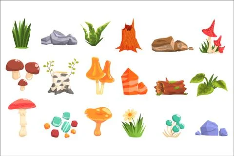 Forest Landscape Natural Elements, Plants And Mushrooms Illustrazione stock