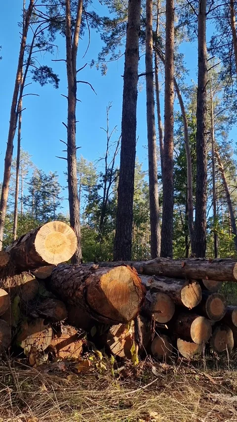 Forest landscape with neatly stacked pine logs in the foreground 動画素材 348155083