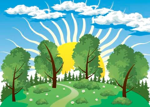Forest landscape with sun Stock Illustration