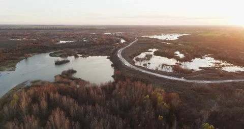 Forest Landscape Sunrise Sunset Over Water Cinematic Drone Footage in Romania Video stock 201063229