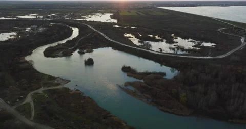 Forest Landscape Sunrise Sunset Over Water Cinematic Drone Footage in Romania Video stock 201063606