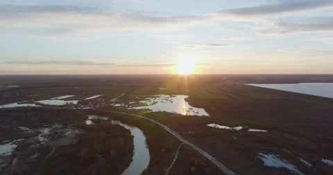 Forest Landscape Sunrise Sunset Over Water Cinematic Drone Footage in Romania Stock Footage 201064086