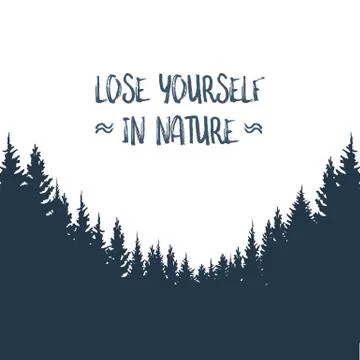 Forest landscape vector background. Woods silhouette with typography hipster Stock Illustration