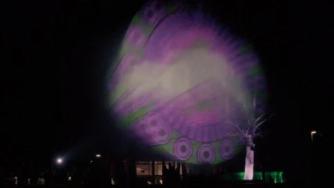 Forest lighting in the park. Light projection on the fountain in the park. Stock Footage 125702916