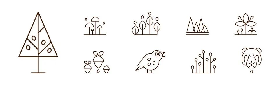 Forest Line Icon and Object as Nature Park Area Vector Set Stock Illustration