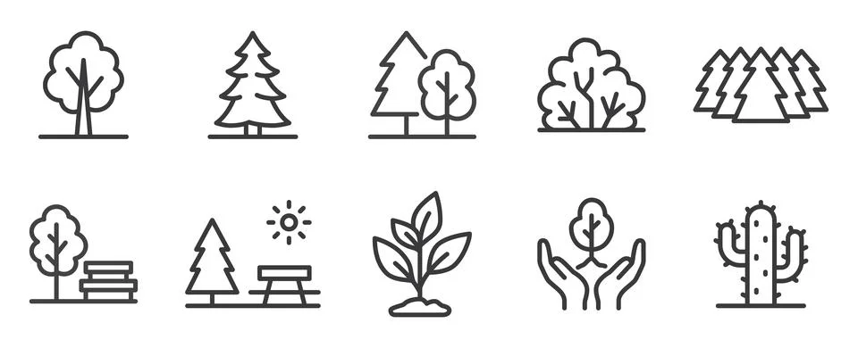 Forest line icon set. Tree, pine, woodland, bush, park bench, picnic table Stock Illustration