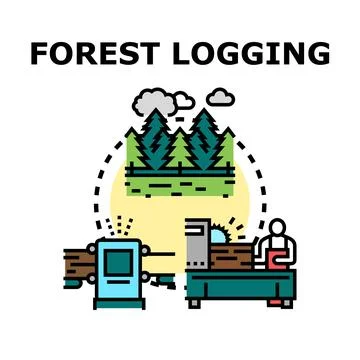 Forest logging production process with woodworking industry worker Stock Illustration