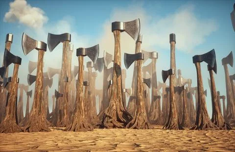 Forest made of axes instead of trees. Karma and impossible concept.  This is Stock Illustration