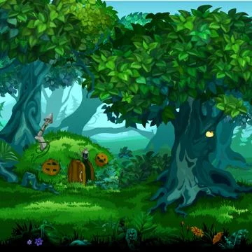 Forest of magic. Moving trees. Vector cartoon close-up illustration. Stock Illustration