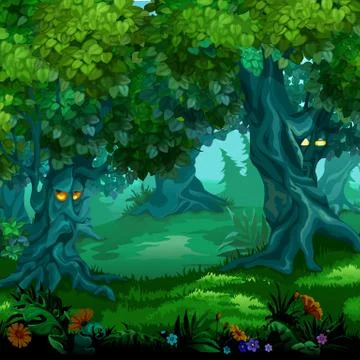 Forest of magic. Moving trees. Vector cartoon close-up illustration. Stock Illustration