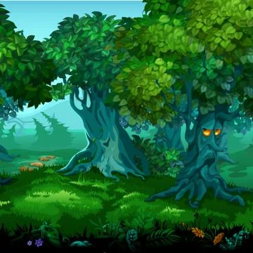 Forest of magic. Moving trees. Vector cartoon close-up illustration. Stock Illustration