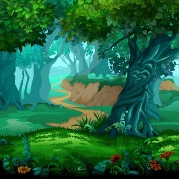 Forest of magic. Moving trees. Vector cartoon close-up illustration. Stock Illustration