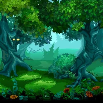 Forest of magic. Moving trees. Vector cartoon close-up illustration. Stock Illustration