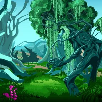 Forest of magic. Moving trees. Vector cartoon close-up illustration. Stock Illustration