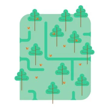 Forest map. Park  ornament. Trees and squirrels. Square landscape Ilustración de archivo