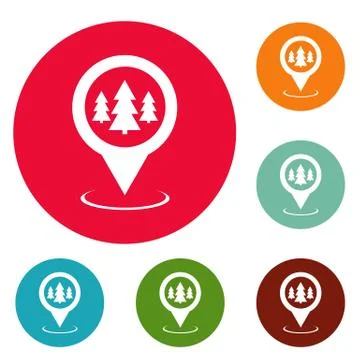 Forest map pointer icons circle set Stock Illustration
