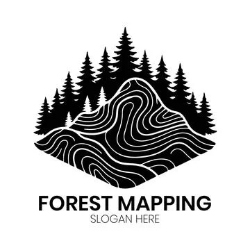 Forest Mapping Logo Design with Topographic Mountain Lines and Trees Stock Illustration